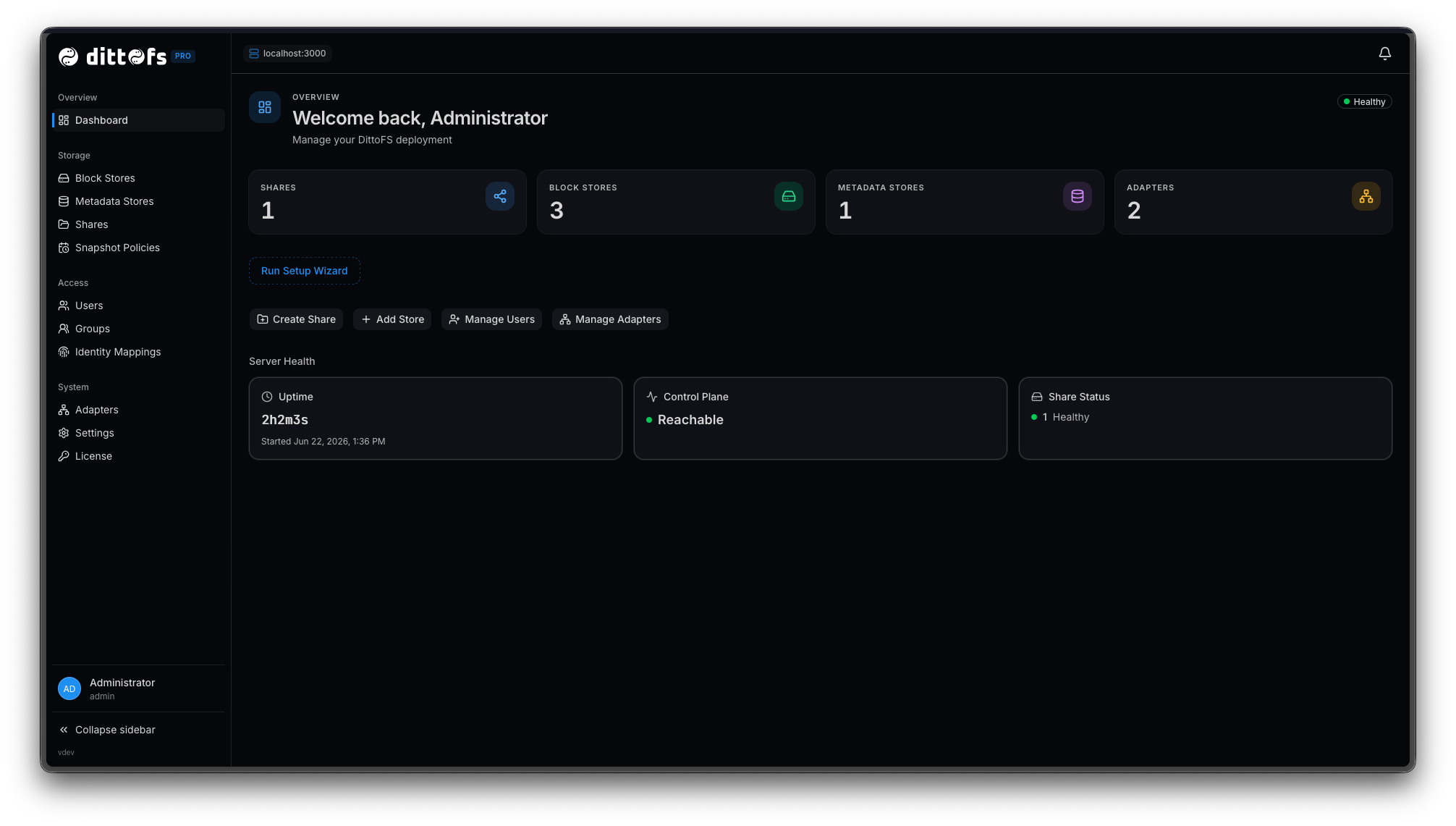 DittoFS Pro dashboard