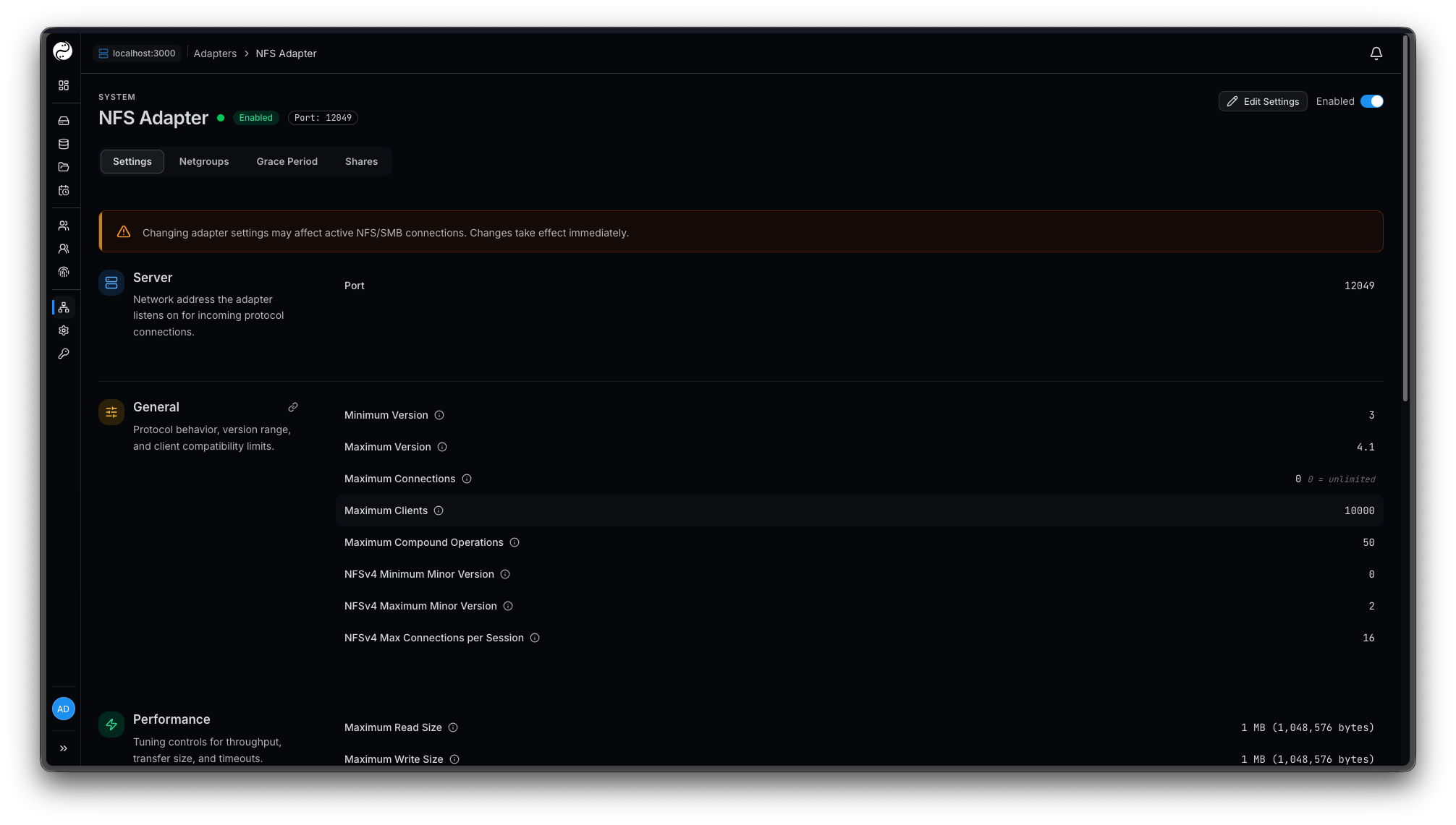 NFS adapter settings